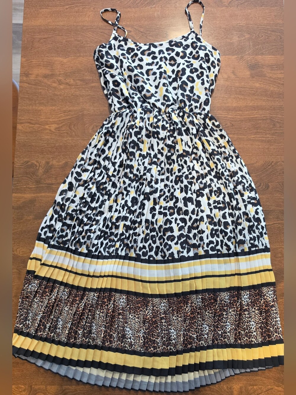 bebe Plus Yellow, Black & White Leopard Print Pleated Sundress - Picture 4 of 5